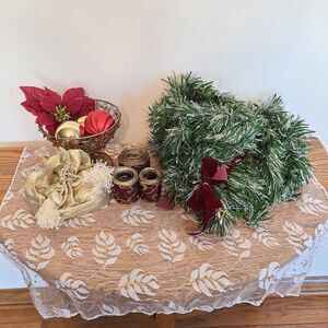 Vintage Holiday Decor Bundle Wire Basket | Garland | Ribbon | Satin Bag | Lace